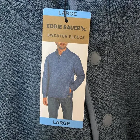 Eddie Bauer Fleece Quarter-Snap Sweater Blue Mens Large Long-Sleeve Pullover New